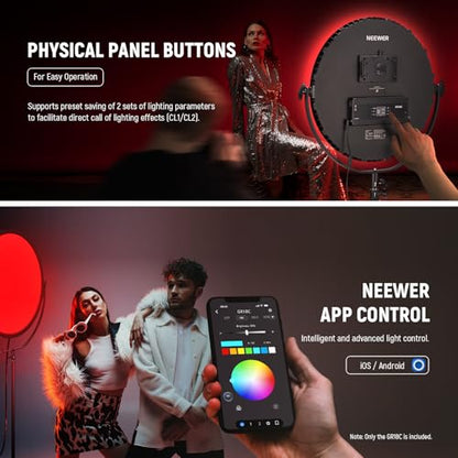NEEWER 18" RGB LED Round Panel Video Light with APP Control, 65W 6000Lux/0.5m 2500K-8500K RGBCW Photography Studio Lighting /18 Scenes/V Battery Powered for Outdoor Filming Recording Streaming, GR18C - style: RGB