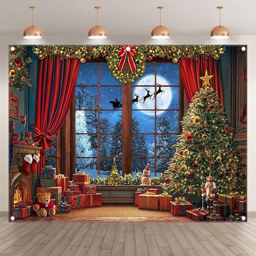 Fabric 8x6ft Christmas Window Photography Backdrop Winter Merry Xmas Tree Background Night Snow Party Decoration Holiday Photo Banner Props - size: 8'x6'