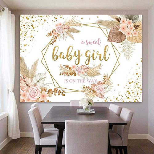 Sensfun Boho Sweet Girl Baby Shower Backdrop It's A Girl Baby Shower Photography Background Blush Pink Floral Pampas Grass Party Decorations Banner Newborn Photo Shoot Props 7x5ft