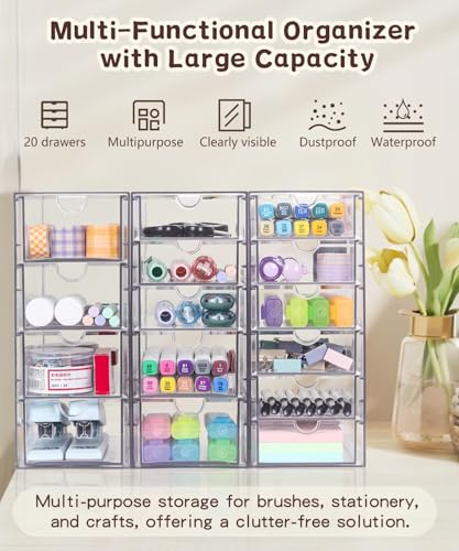 VZKAH Clear Acrylic Organizer with Drawers | 15-Drawer Desktop Unit | Makeup & Desk Organization and Storage Box for Office, Craft, Vanity Table, Bathroom, Home Essentials - style: 15 drawers / 3 set