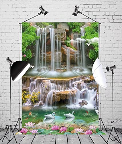 BELECO 5x7ft Fabric Forest Park Waterfall Backdrop Picturesque Swan Lake Lotus Pond Green Trees Scenery Photography Background Wallpaper Spring Summer Holiday Travel Portrait Photoshoot Props - size: 5x7FT