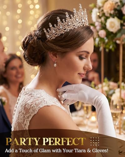 Princess Tiara Crown with Satin Gloves Set Crystal Headpiece for Graduation Prom and Party Photo Props - color: Gold, style: D
