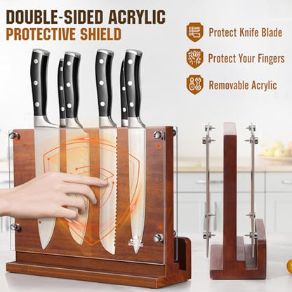 ENOKING Magnetic Knife Block with Acrylic Shield 12 x 9 Inches, Double Side Kitchen Knife Holder without Knives- Acacia Wood Universal Knife Storage Organizer with Powerful Magnet for Kitchen Counter - size: 12*9 inches