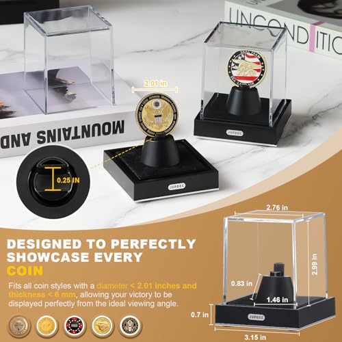 JupDec Coin Display Case, Clear Acrylic Single Coin Holder with Durable Base, Dustproof Cube Showcase with Black Velvet Interior, Ideal Gift for Challenge Coin Fans & Collectors - size: 1 Pack