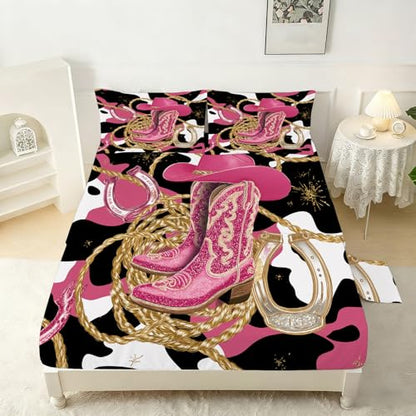 Pink Cowgirl Fitted Sheet Set Queen Size Glitter Cowboy Boots Horseshoe Print Sheet Set Kids Women Western Bed Sheets Cowhide Pattern 1 Fitted Sheet+1 Flat Sheet+2 Pillowcases - color: Cowgirl 01, size: Queen
