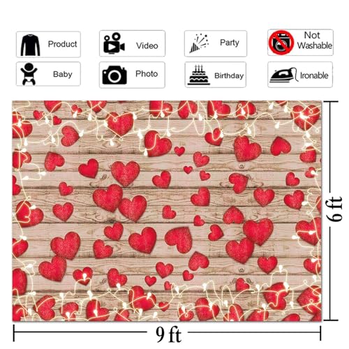 HQM 9X6FT Vintage Rustic Wood Glitter Glow Red Love Heart Valentine's Day Theme Photography Backdrop Wedding Anniversary Bridal Shower Mother's Day Photo Background Couple Studio Shoot Props Supplies - size: 9X6 FT