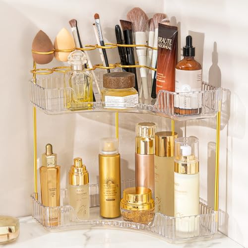 NATURE'S SOURCE Makeup Organizer for Vanity, 2-Tier Corner Bathroom Organizer Countertop with Makeup Brush Holder, Corner Counter Storage for Bathroom Dresser-Clear - color: Clear, size: 2-Tier