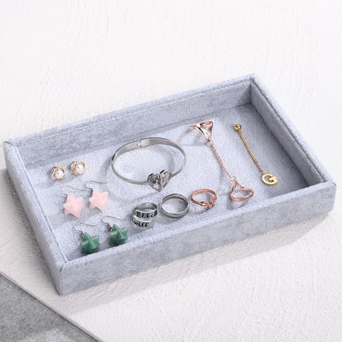 9" x 5.7" Velvet Jewelry Tray Jewelry Display Tray, Stackable Empty Plate Trays for Earrings Necklaces Bracelet Rings Display Showcase - Grey - color: Grey, size: Flat Tray 9"x5.7"