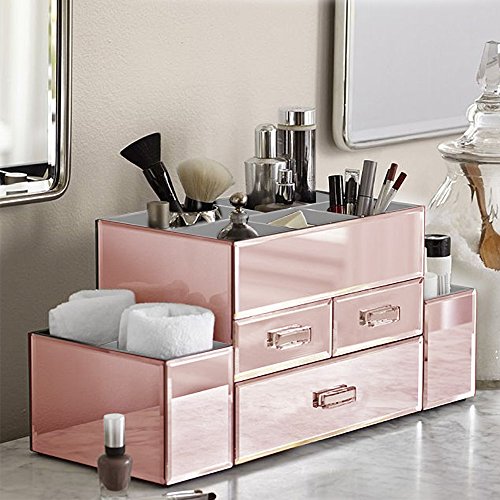 OnDisplay Amara 3 Drawer Tiered Mirrored Makeup/Jewelry Organizer - Glass Panel Organization Station for Cosmetics, Jewelry or Office/Desk Supplies - color: Rose Gold