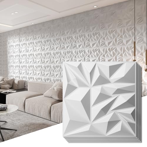 Art3d 33-Pack 3D Wall Panels for Interior Wall Decor, Modern Diamond Textured Accent Wall Paneling for Gaming Living Room TV Wall Background, 12 x 12 inch White, A10342 - color: White, size: 12x12 Inch 33 pcs