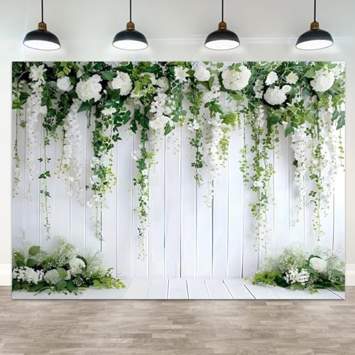 5x3ft White Flower Backdrop Green Leaves Wedding Bridal Shower Photography Background Floral Rustic Wood Wall Birthday Party Banner Decorations Reception Ceremony Portrait Photo Booth Prop - color: color 3, size: 5x3ft