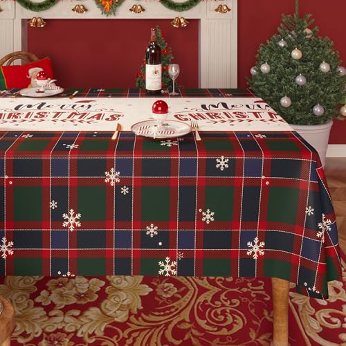 Christmas Rectangle Table Cloth,100% Waterproof Tablecloth,Christmas Decorations for Home, Vinyl Tablecloth Plastic Table Cover for Party，Picnic,Dining,Outdoor 54" x 102",Crimson Checked - color: Crimson Checked, size: 54" x 102" (Rectangular)