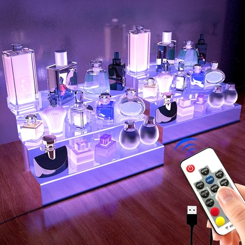 12 IN Clear Acrylic Display Riser Shelf with LED light,3 Tier Display Step Shelves Holder, Perfume Cologne Organizer Holder,Pops Toys Figures, Clear Cupcake Riser, Dessert Shelf, Decoration on Tabletop(2 Pack) - color: LED+Clear+12IN+3 Tier+2 Pack