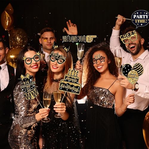36PCS Birthday Photo Booth Props Party Supplies, Black Gold Photo Booth, Holiday Picture Decorations for Party Selfie Party Decorations and Gifts - size: Black Gold Photo Booth Props