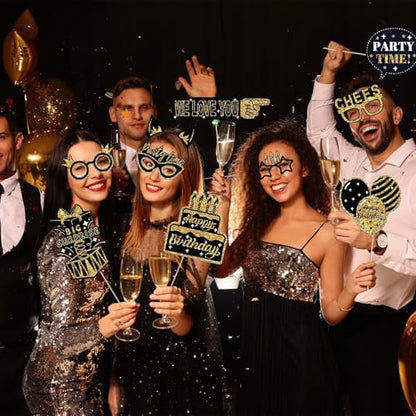 36PCS Birthday Photo Booth Props Party Supplies, Black Gold Photo Booth, Holiday Picture Decorations for Party Selfie Party Decorations and Gifts - size: Black Gold Photo Booth Props