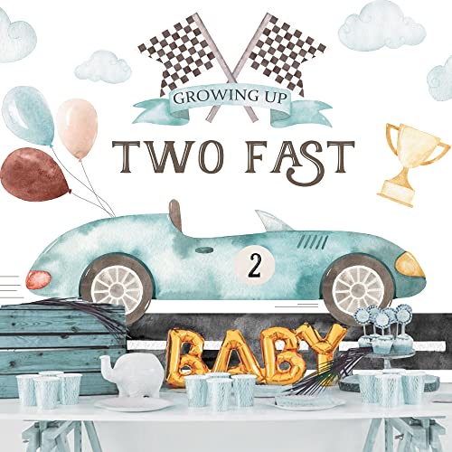 Glawry Two Fast 2nd Birthday Backdrop for Boy 7Wx5H Feet Boho Watercolor Race Car Balloons Cup Cool Cartoon Clouds Flags Road 2nd Birthday Party Decorations Photography Background Photo Booth Studio - color: Watercolor Car, size: 7Wx5H