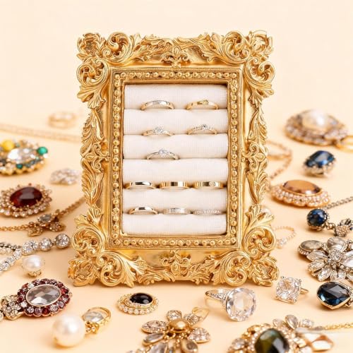 Vintage Gold Ring Holder,Desk Decer Suede Lined Jewelry Display Stand, Engagement Ring holder Photography Prop for Wedding Decor, Bridesmaid & Engagement Gift,3.94x3.54 In (without Ring) - color: White