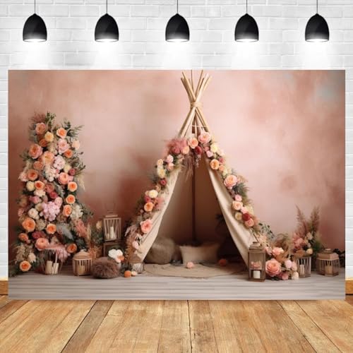 8x6ft Boho First Birthday Backdrop for Girl Pink Flowers Tent Decorations Photography Background Newborn Baby Shower Cake Smash Photoshoot Props - size: 8x6ft