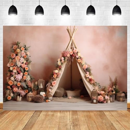 8x6ft Boho First Birthday Backdrop for Girl Pink Flowers Tent Decorations Photography Background Newborn Baby Shower Cake Smash Photoshoot Props - size: 8x6ft