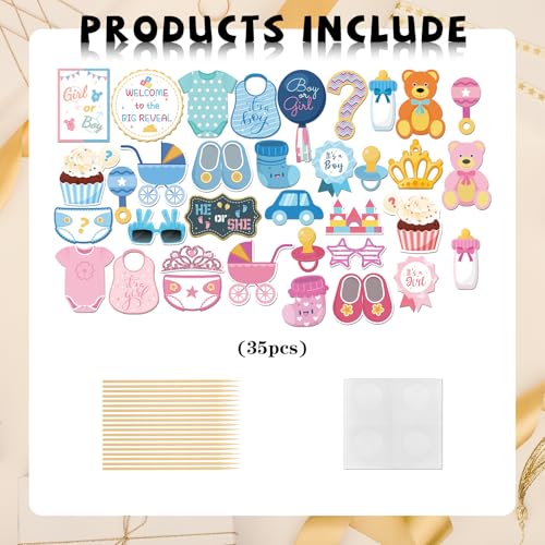 INNORU Boy or Girl Photo Booth Props, Baby Shower Photoshoot Gender Reveal Party Photography Props Favor He or She Centerpiece Sticks Decorations 35 PCS