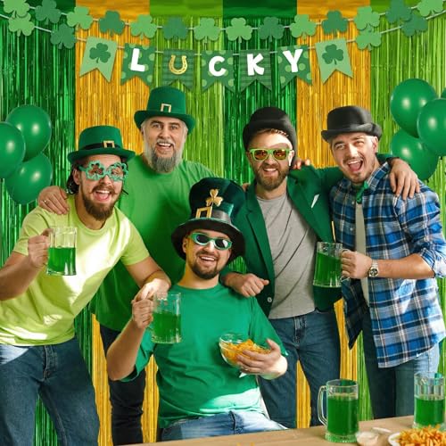 2 Pack St Patrick Party Decorations, Green Party Backdrop Green Gold Light Green Backdrop Curtains, Metallic St.Patrick Fringe Curtains Party Streamer Tinsel Backdrop, St Patrick Party Supplies - color: Green and Gold and Light Green