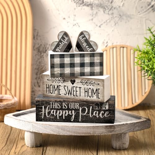 Moucuny 4 Pcs Farmhouse Kitchen Decor Black and White Farmhouse Tiered Tray Decor Home Sweet Home Centerpiece Wooden Heart Rustic Valentines Day Block Sign for Kitchen Shelf Valentines Gift Decoration - style: Black and White Heart