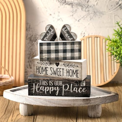 Moucuny 4 Pcs Farmhouse Kitchen Decor Black and White Farmhouse Tiered Tray Decor Home Sweet Home Centerpiece Wooden Heart Rustic Valentines Day Block Sign for Kitchen Shelf Valentines Gift Decoration - style: Black and White Heart