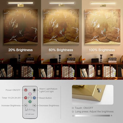 Picture Light,13.5" Art Light, Picture Light Battery Operated,3CCT Picture Frame Light,Wireless Picture Lights for Painting,Wall Display, Photo,Library Gold-Painted - color: Painting Gold, size: 13.5inches