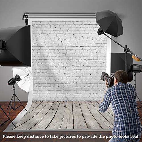 Allenjoy 8x12FT White Brick Wall with Grey Wood Floor Photographic Background Holiday Christmas Photography Family DIY Photo Booth Backdrop Portrait Photoshoot Photography Props - size: 8 x 12 ft