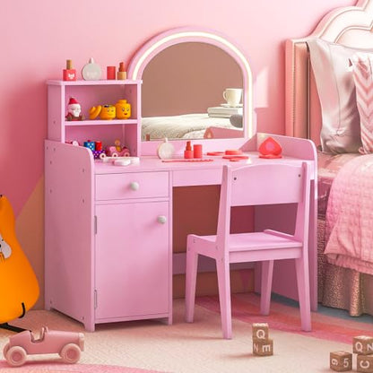 Costzon Kids Vanity with Lights, 2 in 1 Princess Makeup Desk & Chair Set with Lighted Mirror, Drawer, Storage Shelves & Cabinet, Toddler Dressing Table, Vanity Set for Little Girls (Pink) - style: Pink with Cabinet