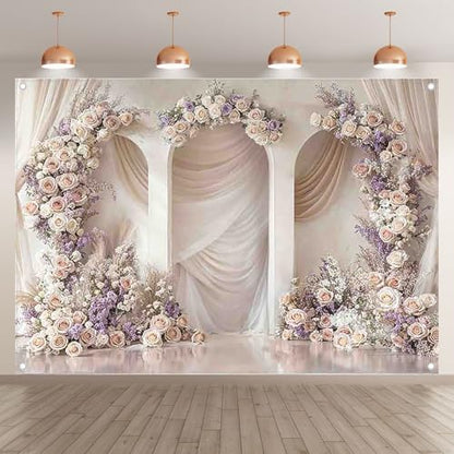 7x5ft 2D Wedding Arch Backdrop Rose Lavender Soft Champagne Drape Romantic Photography Background Mother's Day Bridal Shower Party Decorations Photo Booth Banner