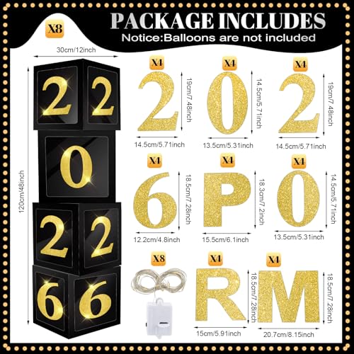 Suncalla 8 Pcs LED Light 2026 Prom Graduation Decorations 12" Prom Balloon Boxes Column Standup 2026 Graduation Lighting Boxes Backdrop Decor for Indoor Outdoor Party Supplies(Black Gold) - color: Black Gold