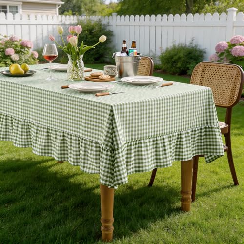 Romanstile Gingham Ruffled Tablecloth Rectangle - Waterproof Linen Cotton Checkered Table Cloth, Outdoor Plaid Table Cover for Picnic, Camping, Party - 52 x 70 Inch, Sage - color: Sage Plaid, size: 52" x 70" (Rectangular)