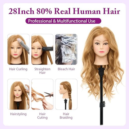 Mannequin Head with 80% Real Human Hair - 28 Inch Cosmetology Hairdressing Training Head Practice Doll Head Manikin Styling Head Braiding Mannequin Head - color: Blonde#27B