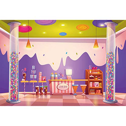Haoyiyi 10x8ft Candy Shop Backdrop Sweet Pink Purple Ice Cream Cartoon Lollipop Chocolate Cake Donut Shop Photography Background Baby Shower Girls Princess 1st Birthday Party Banner Photo Booth Props