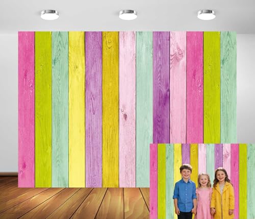 XCKALI Colorful Wood Photography Background Colorful Rustic Wooden Texture Easter Backdrop Party Decor Photo Props (7x5ft) - size: 7x5ft