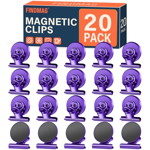 FINDMAG 20 Pack Fridge Magnet, Magnetic Clips Heavy Duty, Clip Magnet Scratch Free, Strong Fridge Magnets for Whiteboard Magnets Clips for Photo Displays, Office, School, Kitchen, 30mm Wide - color: Purple, size: 20 Pack