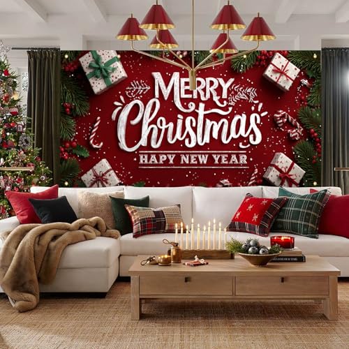 HOMETITUTE Christmas Garage Door Cover 13x6ft Merry Christmas Happy New Year Lettering Holiday Banner Red Green Gift Boxes Candy Canes Winter Backdrop Seasonal Wall Display Outdoor Indoor Party - color: Garage Banner#9