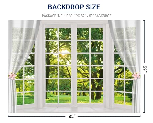 Allenjoy 7x5ft Spring Window Scenery Photography Backdrop White Windowsill Floral Green Forest Natural Photocall Background Party Banner Wall Decor Newborn Baby Kids Family Photo Shoot Booth Props