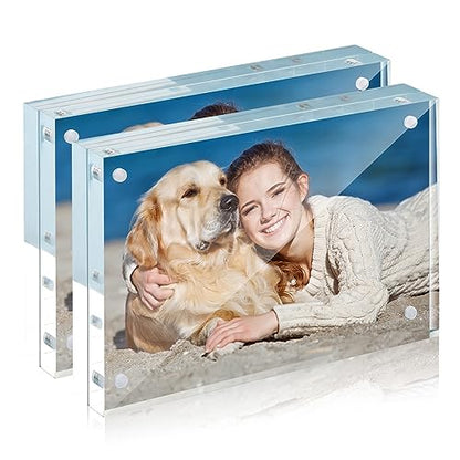 TWING 2 Pack Picture Frames Acrylic 4 x 6, Horizontal Magnet Double Sided 4x6 Picture Frame, 10+10MM Thick Clear Frameless Desktop Display Self Standing Magnetic Acrylic Block Photo Frame Gift Ideal - size: 4x6" 2pack