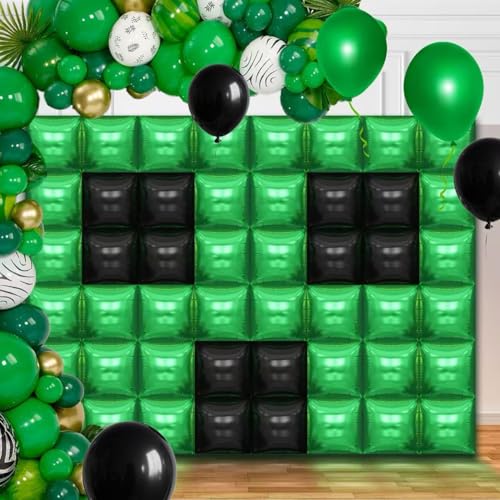 50PCS Video Game Square Balloon Arch Garland Kit, Green Black Double Sided Square Foil Balloons Wall Backdrop for Anniversary Bachelorette Halloween Party Decor - color: Black & Green