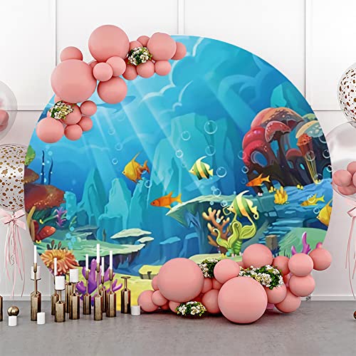 Laeacco 7.5x7.5ft Under The Sea Round Backdrop Cartoon Underwater Animals Circle Backdrop Cover Ocean Theme Happy Birthday Photo Background for Baby Shower Children Birthday Party Portrait Booth Props - size: 7.5x7.5ft-Diameter