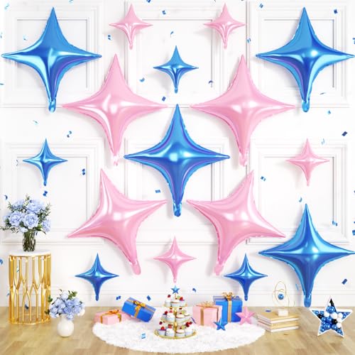 Pink Blue Star Balloons, 16 PCS Blue Four Angle Star Foil Balloons, 26 Inch and 10 Inch Pink Stars Shaped Balloon for Graduation Birthday Baby Shower Wedding Anniversary Engagement Party Decorations - color: Pink Blue