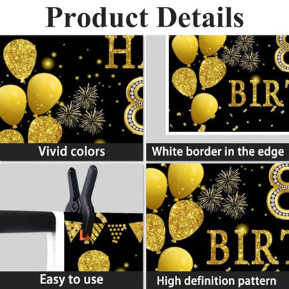 9x6ft Happy 80th Birthday Party Photography Backdrop, Glitter Black and Gold Balloons Background for Woman Man Fabulous 80 Bday Shining Diamond Eighty Years Old Birthday Party Supplies - color: 80th, size: 9x6ft