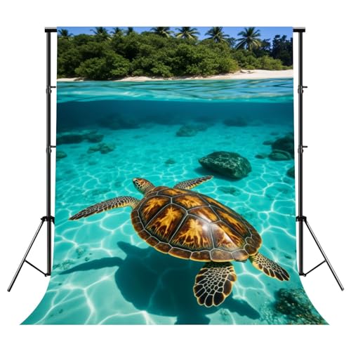 Photography Backdrops Sea Turtle Swimming Clear Tropical Ocean Waters Coral Rocks Palm Trees 8x10FT Photo Backdrop Photography Background for Portrait Photo Party Decor Video Studio Props Photoshoot - color: Multi1