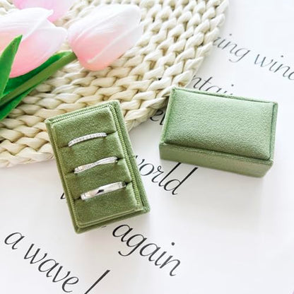 Rectangle 3 Slots Italian Velvet Jewelry Box Engagement Wedding Photo Ring Box Keepsake Box Triple Ring Gift Box (Olive Green) - color: Olive Green
