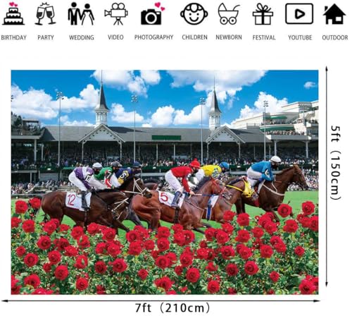 Red Rose Garden Racecourse Photography Background 7x5FT Horse Racing Run for The Roses Banner Horse Party Decorations Supplies - size: 7x5FT: 84x60 inch
