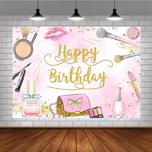 Sendy 7x5ft Makeup Happy Birthday Backdrop for Girl Pink Makeup Spa Glamour Cosmetics Photography Background Adult Women Makeup Birthday Party Decorations Banner Photo Booth Props