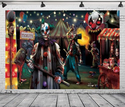 10x8 FT Halloween Evil Circus Clown Theme Backdrop Haunted House Horror Scary Evil Circus Clown Creepy Carnival Birthday Party Decorations Photography Background Banner Studio Props, Clear - size: 10x8 FT