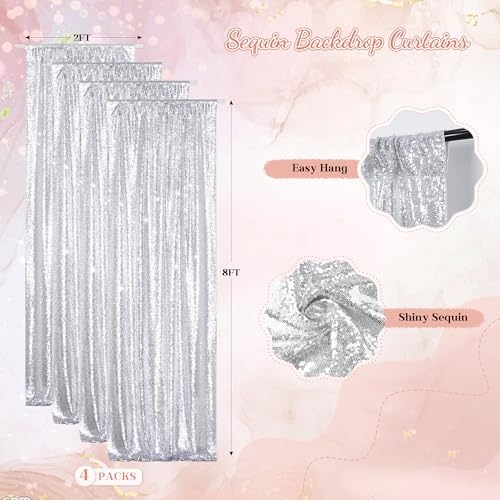PartyDelight Silver 2FT X 8FT Sparkly Sequin Backdrop Curtains 4 Panels, for Wedding, Party, Room Decorations. - color: Silver, size: 24"W x 96"L (Pack of 4)